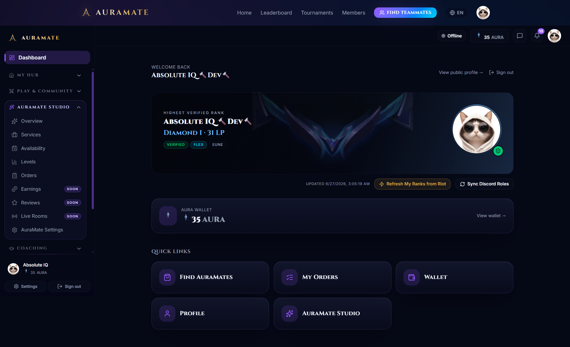 Auramate member dashboard showing verified Diamond I rank, Aura wallet and quick links