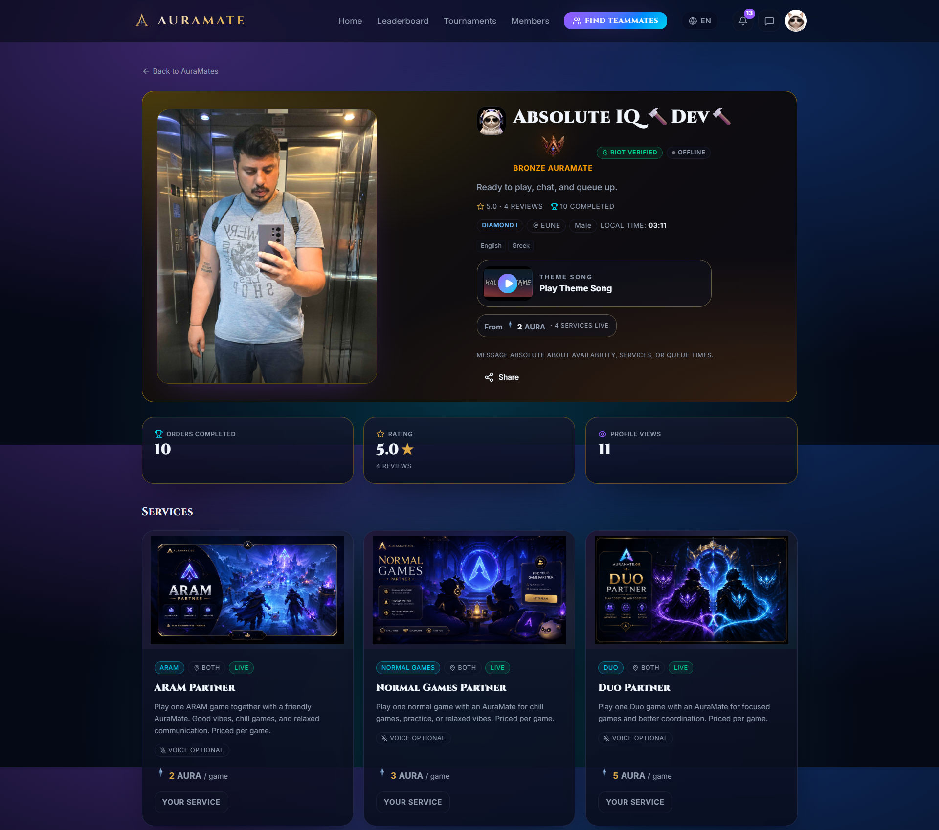 Auramate public player profile with verified rank, ratings and a services marketplace