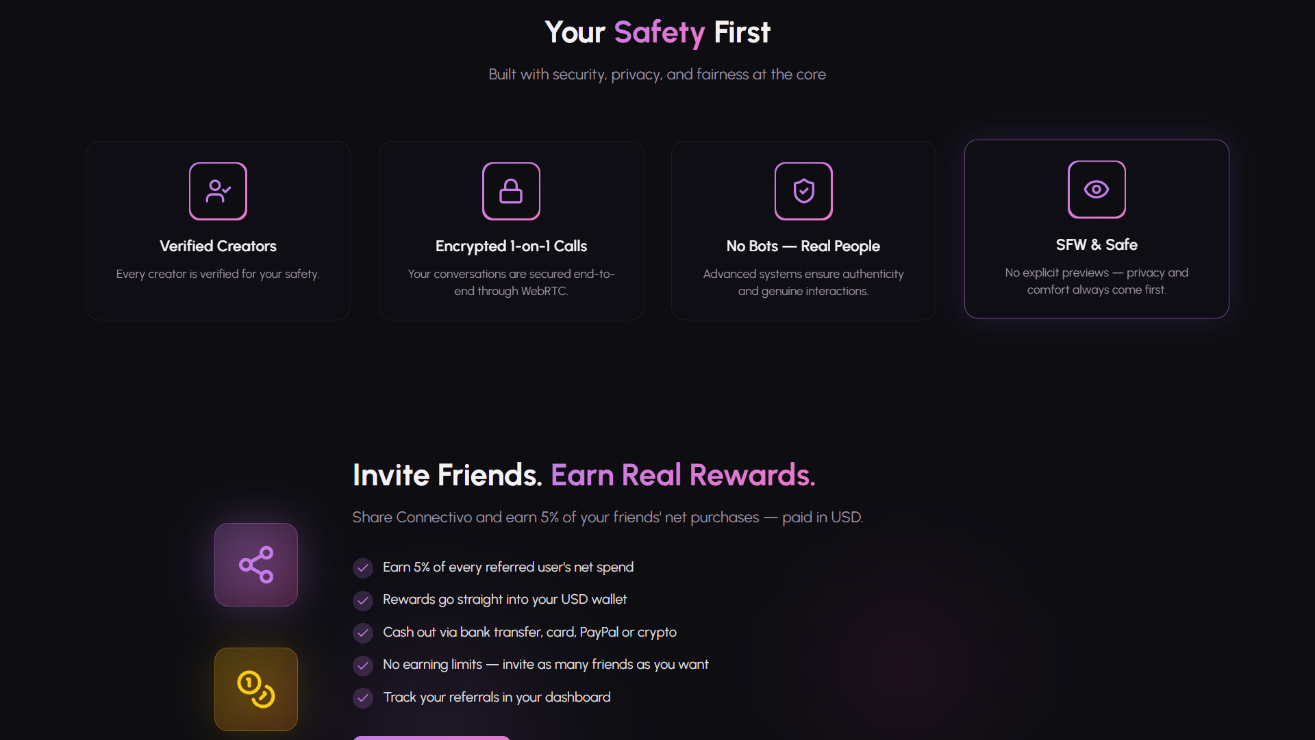 Connectivo safety, privacy and referral marketing sections