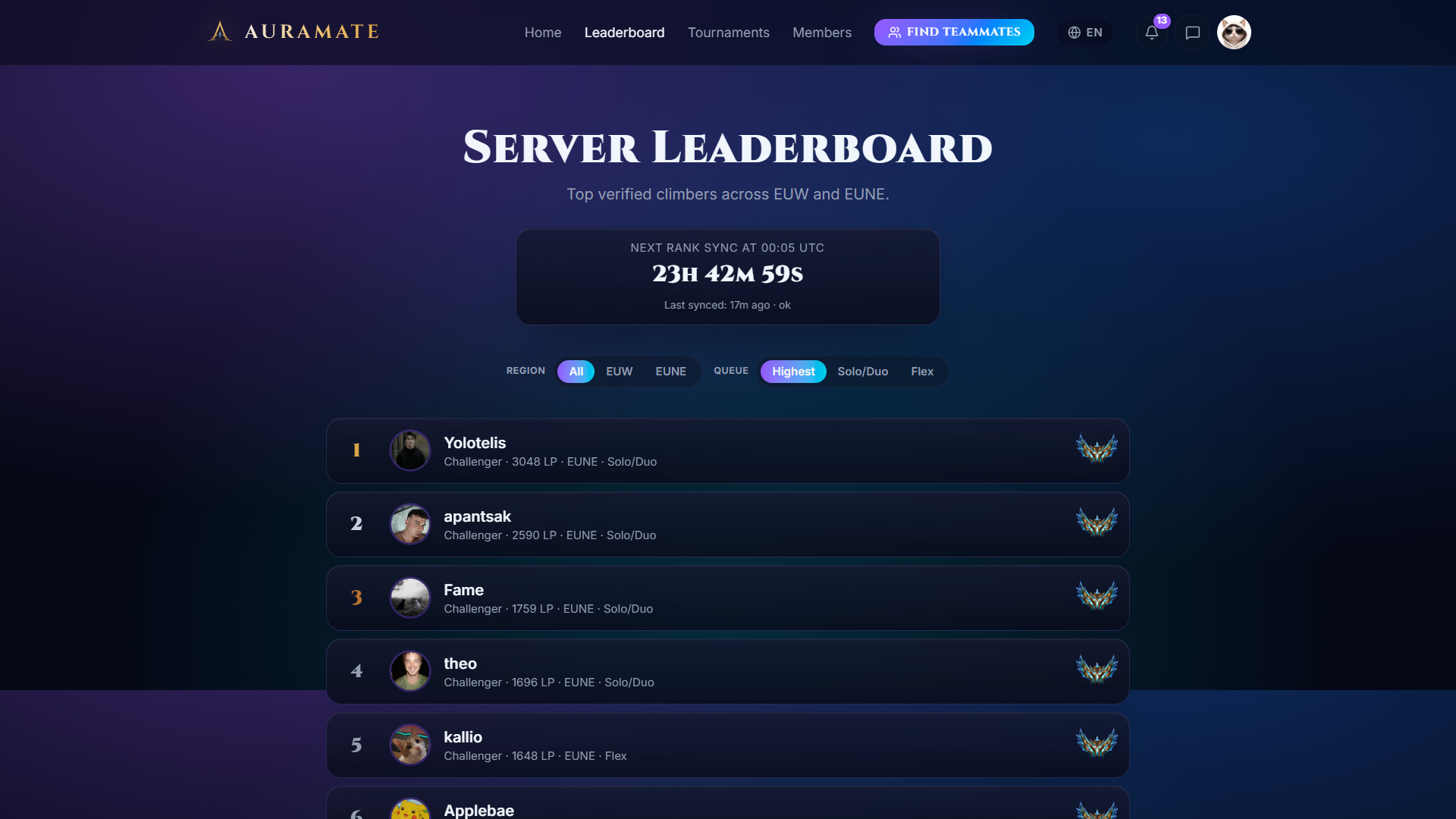 Auramate server leaderboard showing top verified climbers across EUW and EUNE