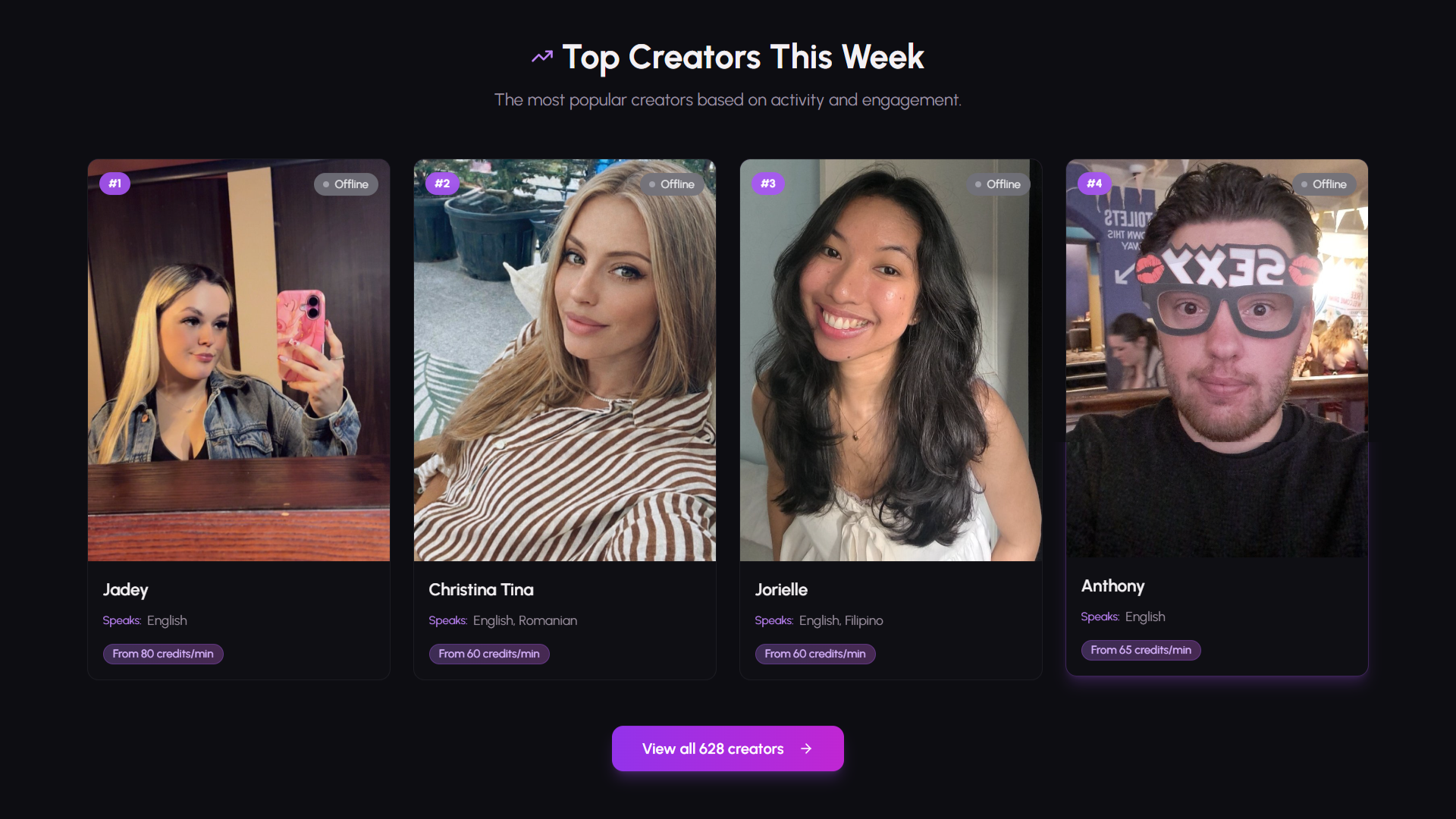 Connectivo top creators discovery grid with pricing, languages and live status